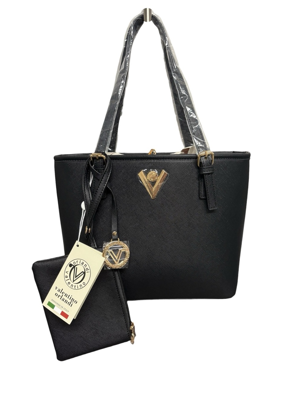 Valentino Orlandi Black Tote with Gold Hardware and Pouch
